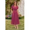 imageECOWISH Women Cotton Midi Dress 2025 Button V Neck Casual Summer Dresses Short Sleeve ALine Shirt Long Dress with Pockets422 Wine Red