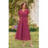 imageECOWISH Women Cotton Midi Dress 2025 Button V Neck Casual Summer Dresses Short Sleeve ALine Shirt Long Dress with Pockets422 Wine Red