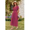 imageECOWISH Women Cotton Midi Dress 2025 Button V Neck Casual Summer Dresses Short Sleeve ALine Shirt Long Dress with Pockets422 Wine Red