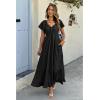 imageECOWISH Womens Summer Maxi Dress 2025 Flutter Short Sleeve V Neck Tie Front Wedding Guest Vacation Tiered Flowy DressesBlack
