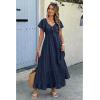 imageECOWISH Womens Summer Maxi Dress 2025 Flutter Short Sleeve V Neck Tie Front Wedding Guest Vacation Tiered Flowy DressesNavy Blue