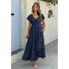 imageECOWISH Womens Summer Maxi Dress 2025 Flutter Short Sleeve V Neck Tie Front Wedding Guest Vacation Tiered Flowy DressesNavy Blue
