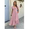 imageECOWISH Womens Summer Maxi Dress 2025 Flutter Short Sleeve V Neck Tie Front Wedding Guest Vacation Tiered Flowy DressesPink