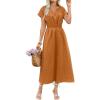 imageECOWISH Women Cotton Midi Dress 2025 Button V Neck Casual Summer Dresses Short Sleeve ALine Shirt Long Dress with Pockets422 Orange