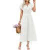 imageECOWISH Women Cotton Midi Dress 2025 Button V Neck Casual Summer Dresses Short Sleeve ALine Shirt Long Dress with Pockets422 White