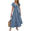 imageECOWISH Womens Summer Maxi Dress 2025 Flutter Short Sleeve V Neck Tie Front Wedding Guest Vacation Tiered Flowy DressesGrey Blue