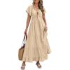 imageECOWISH Womens Summer Maxi Dress 2025 Flutter Short Sleeve V Neck Tie Front Wedding Guest Vacation Tiered Flowy DressesKhaki