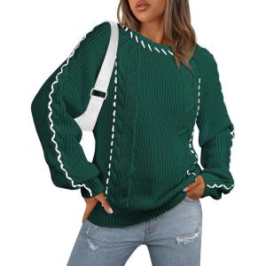 imageECOWISH Oversized Sweaters for Women Fall Winter Cable Knit Chunky Color Block Tops Jumper Long Sleeve Crewneck Pullover 2025Dark Green