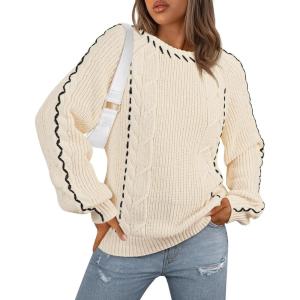 imageECOWISH Oversized Sweaters for Women Fall Winter Cable Knit Chunky Color Block Tops Jumper Long Sleeve Crewneck Pullover 2025White