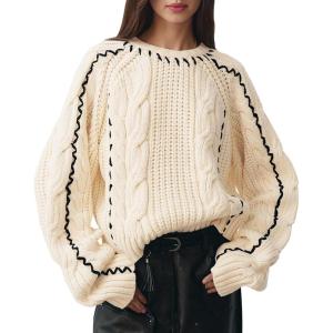 imageECOWISH Oversized Sweaters for Women Fall Winter Cable Knit Chunky Color Block Tops Jumper Long Sleeve Crewneck Pullover 2025Whitev