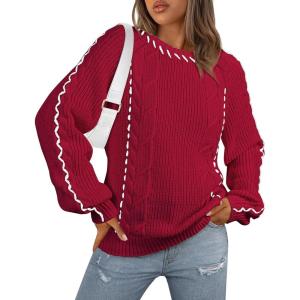 imageECOWISH Oversized Sweaters for Women Fall Winter Cable Knit Chunky Color Block Tops Jumper Long Sleeve Crewneck Pullover 2025Wine Red
