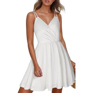 imageECOWISH Summer Dresses for Women 2025 VNeck Spaghetti Strap Bowknot Backless Sleeveless Lace Mini Swing Skater Dress3450 White