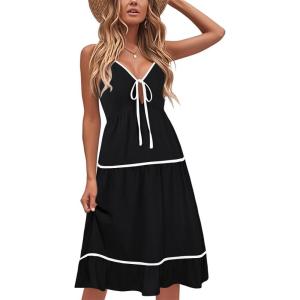 imageECOWISH Women 2025 Summer Dresses Tie Front VNeck Spaghetti Strap Button Down ALine Backless Swing Midi Dress432 Black