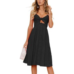 imageECOWISH Women 2025 Summer Dresses Tie Front VNeck Spaghetti Strap Button Down ALine Backless Swing Midi Dress572 Blackfunctional Buttons