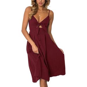 imageECOWISH Women 2025 Summer Dresses Tie Front VNeck Spaghetti Strap Button Down ALine Backless Swing Midi Dress572 Wine Redfunctional Buttons