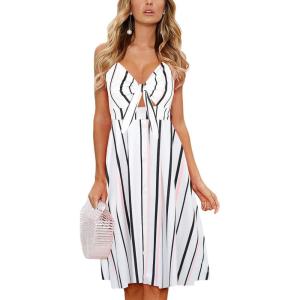 imageECOWISH Women 2025 Summer Dresses Tie Front VNeck Spaghetti Strap Button Down ALine Backless Swing Midi Dress809 Black Stripedecorative Buttons