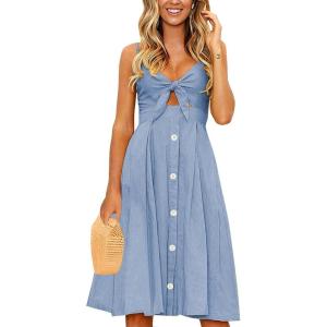 imageECOWISH Women 2025 Summer Dresses Tie Front VNeck Spaghetti Strap Button Down ALine Backless Swing Midi Dress809 Bluedecorative Buttons