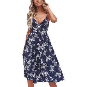 imageECOWISH Women 2025 Summer Dresses Tie Front VNeck Spaghetti Strap Button Down ALine Backless Swing Midi Dress809 Navy Bluedecorative Buttons