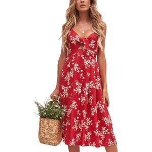 imageECOWISH Women 2025 Summer Dresses Tie Front VNeck Spaghetti Strap Button Down ALine Backless Swing Midi Dress809 Reddecorative Buttons