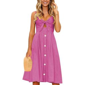 imageECOWISH Women 2025 Summer Dresses Tie Front VNeck Spaghetti Strap Button Down ALine Backless Swing Midi Dress809 Rose Reddecorative Buttons