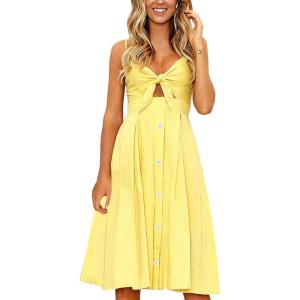 imageECOWISH Women 2025 Summer Dresses Tie Front VNeck Spaghetti Strap Button Down ALine Backless Swing Midi Dress809 Yellowdecorative Buttons