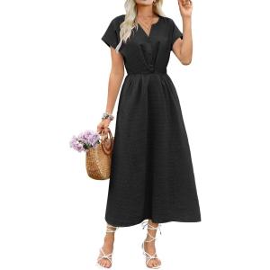 imageECOWISH Women Cotton Midi Dress 2025 Button V Neck Casual Summer Dresses Short Sleeve ALine Shirt Long Dress with Pockets422 Black