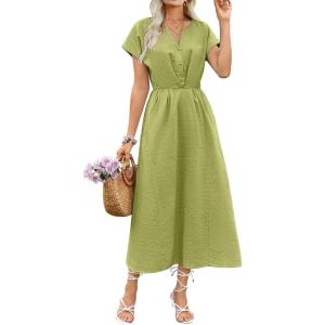 imageECOWISH Women Cotton Midi Dress 2025 Button V Neck Casual Summer Dresses Short Sleeve ALine Shirt Long Dress with Pockets422 Green