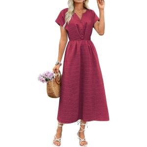 imageECOWISH Women Cotton Midi Dress 2025 Button V Neck Casual Summer Dresses Short Sleeve ALine Shirt Long Dress with Pockets422 Wine Red