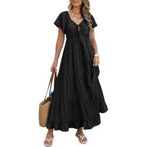 imageECOWISH Womens Summer Maxi Dress 2025 Flutter Short Sleeve V Neck Tie Front Wedding Guest Vacation Tiered Flowy DressesBlack