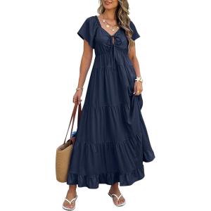 imageECOWISH Womens Summer Maxi Dress 2025 Flutter Short Sleeve V Neck Tie Front Wedding Guest Vacation Tiered Flowy DressesNavy Blue