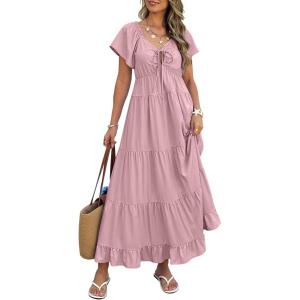imageECOWISH Womens Summer Maxi Dress 2025 Flutter Short Sleeve V Neck Tie Front Wedding Guest Vacation Tiered Flowy DressesPink