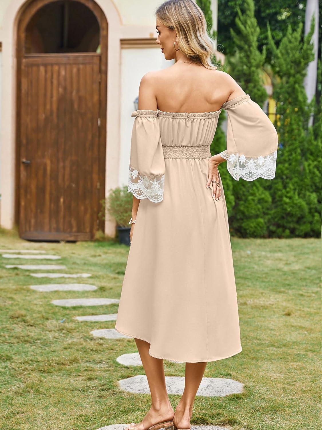 imageECOWISH Women Summer Off Shoulder Midi Cottagecore Dress Western Country Renaissance Peasant High Low Costume 34 Sleeve 2025Beige