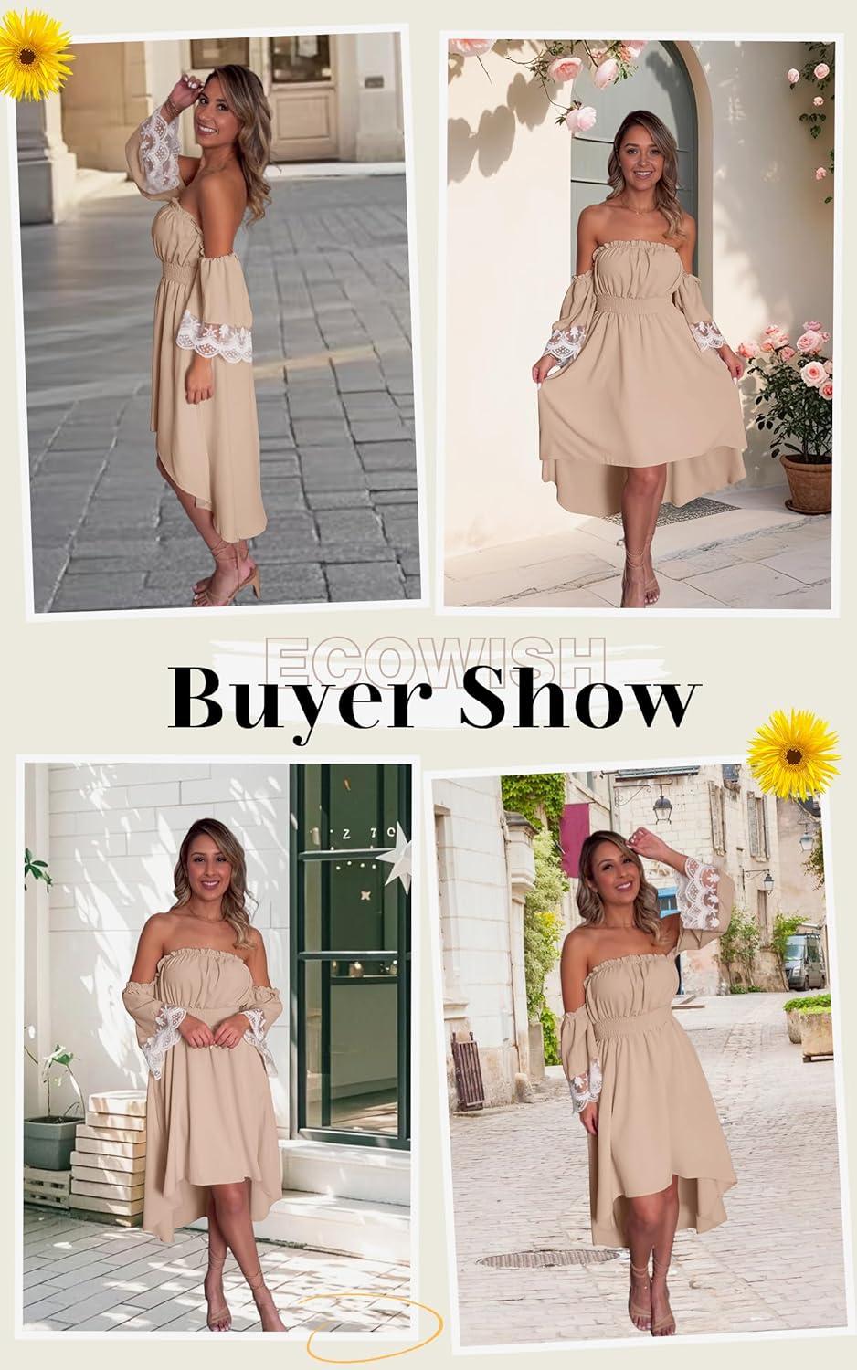 imageECOWISH Women Summer Off Shoulder Midi Cottagecore Dress Western Country Renaissance Peasant High Low Costume 34 Sleeve 2025Beige