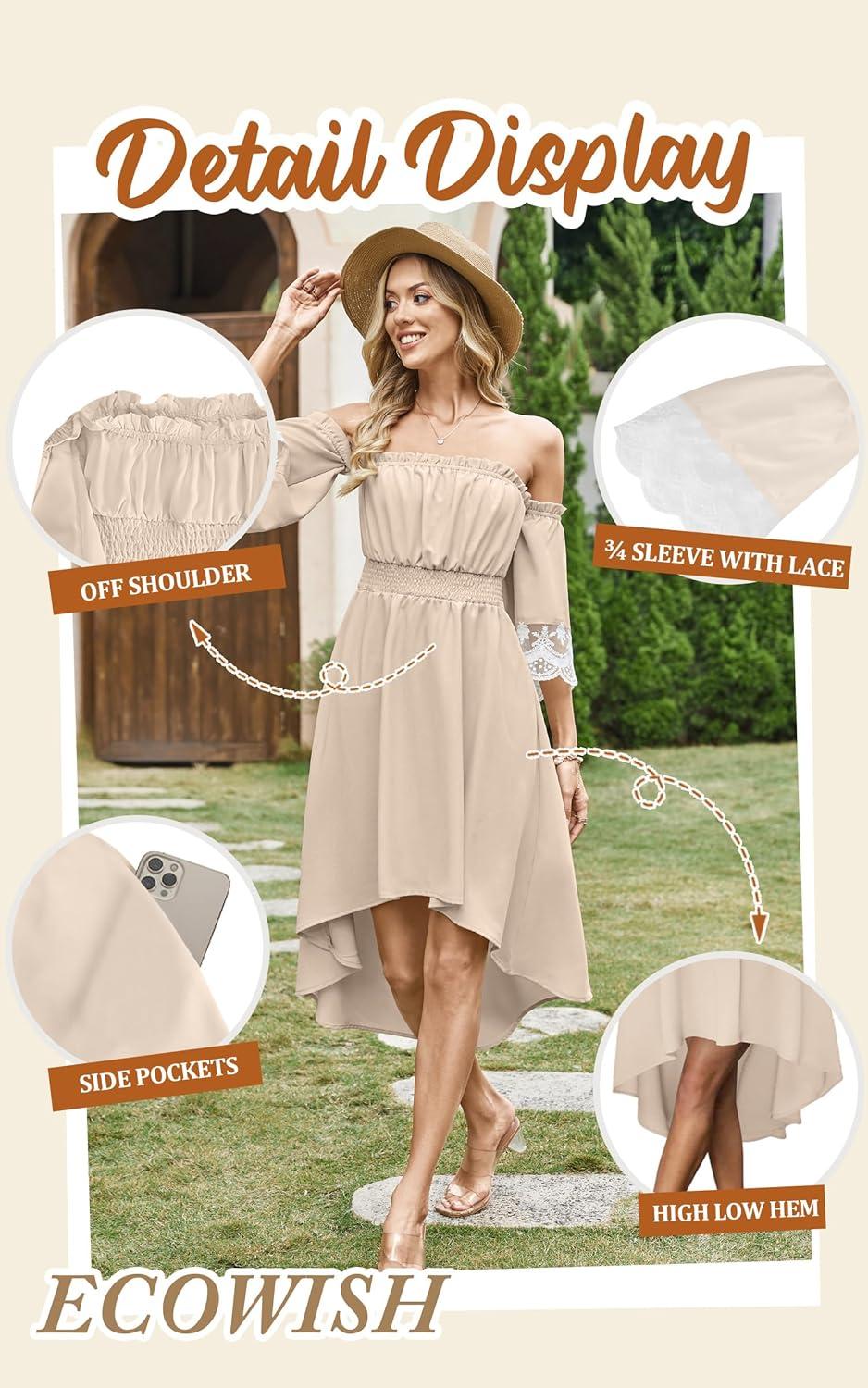 imageECOWISH Women Summer Off Shoulder Midi Cottagecore Dress Western Country Renaissance Peasant High Low Costume 34 Sleeve 2025Beige