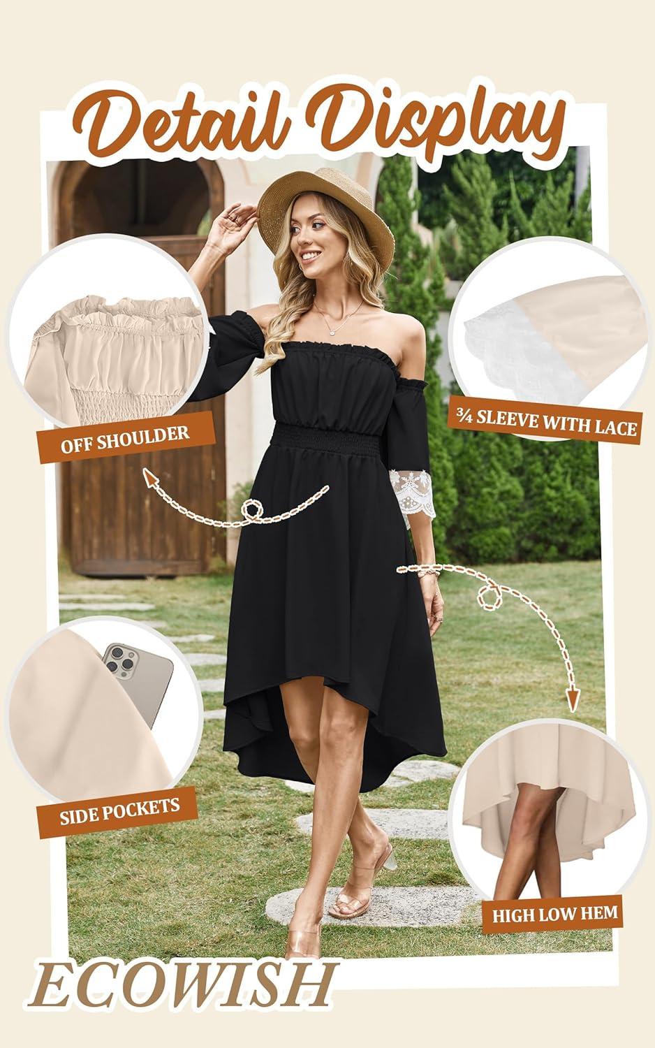 imageECOWISH Women Summer Off Shoulder Midi Cottagecore Dress Western Country Renaissance Peasant High Low Costume 34 Sleeve 2025Black