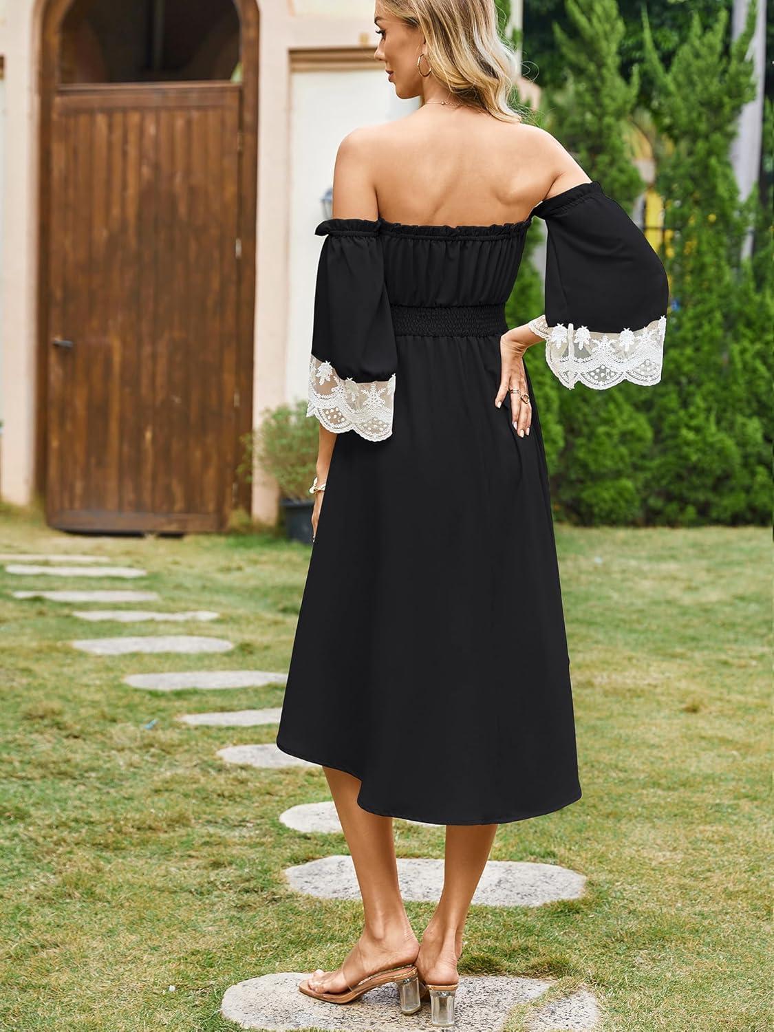 imageECOWISH Women Summer Off Shoulder Midi Cottagecore Dress Western Country Renaissance Peasant High Low Costume 34 Sleeve 2025Black