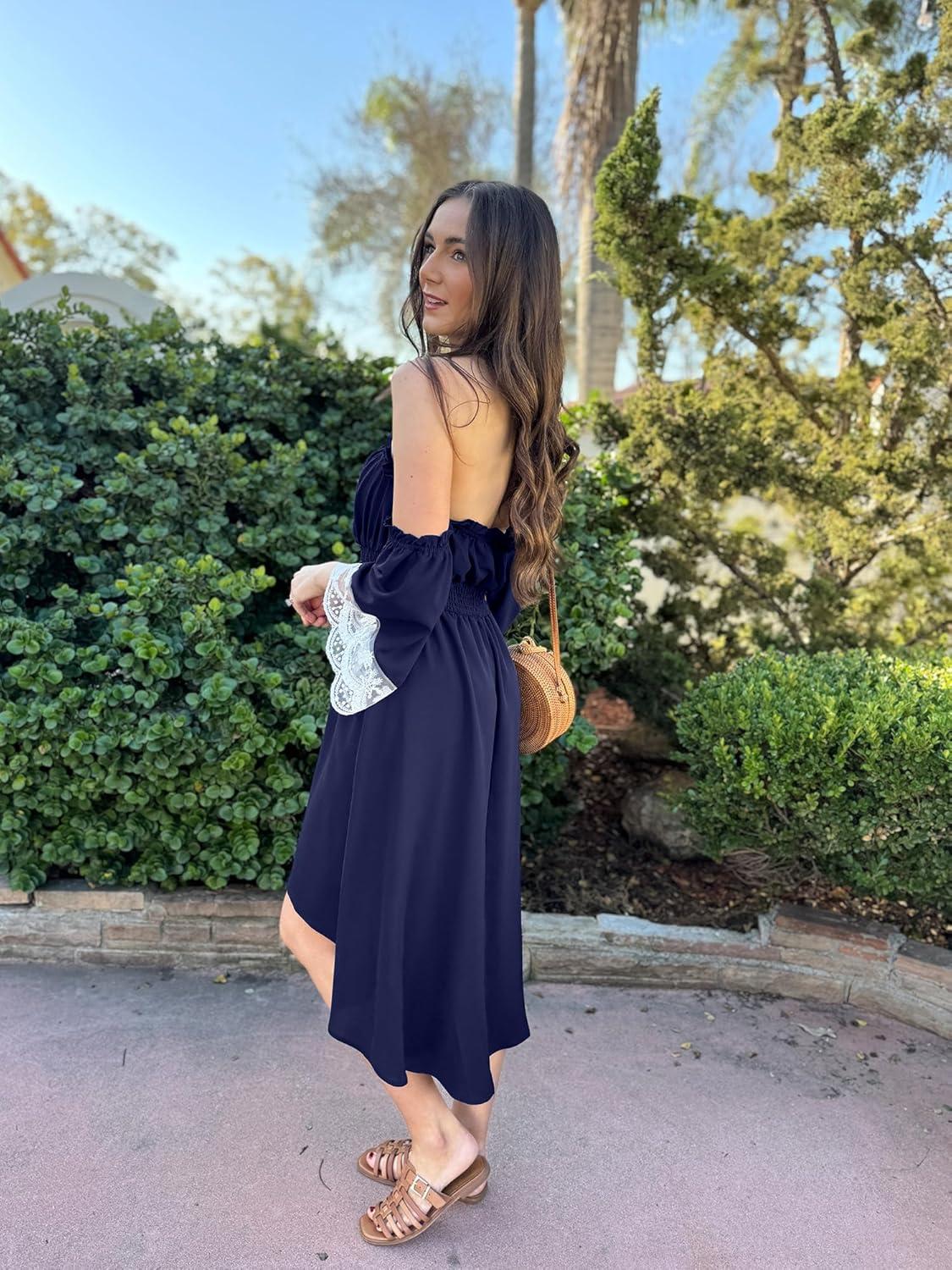 imageECOWISH Women Summer Off Shoulder Midi Cottagecore Dress Western Country Renaissance Peasant High Low Costume 34 Sleeve 2025Navy Blue