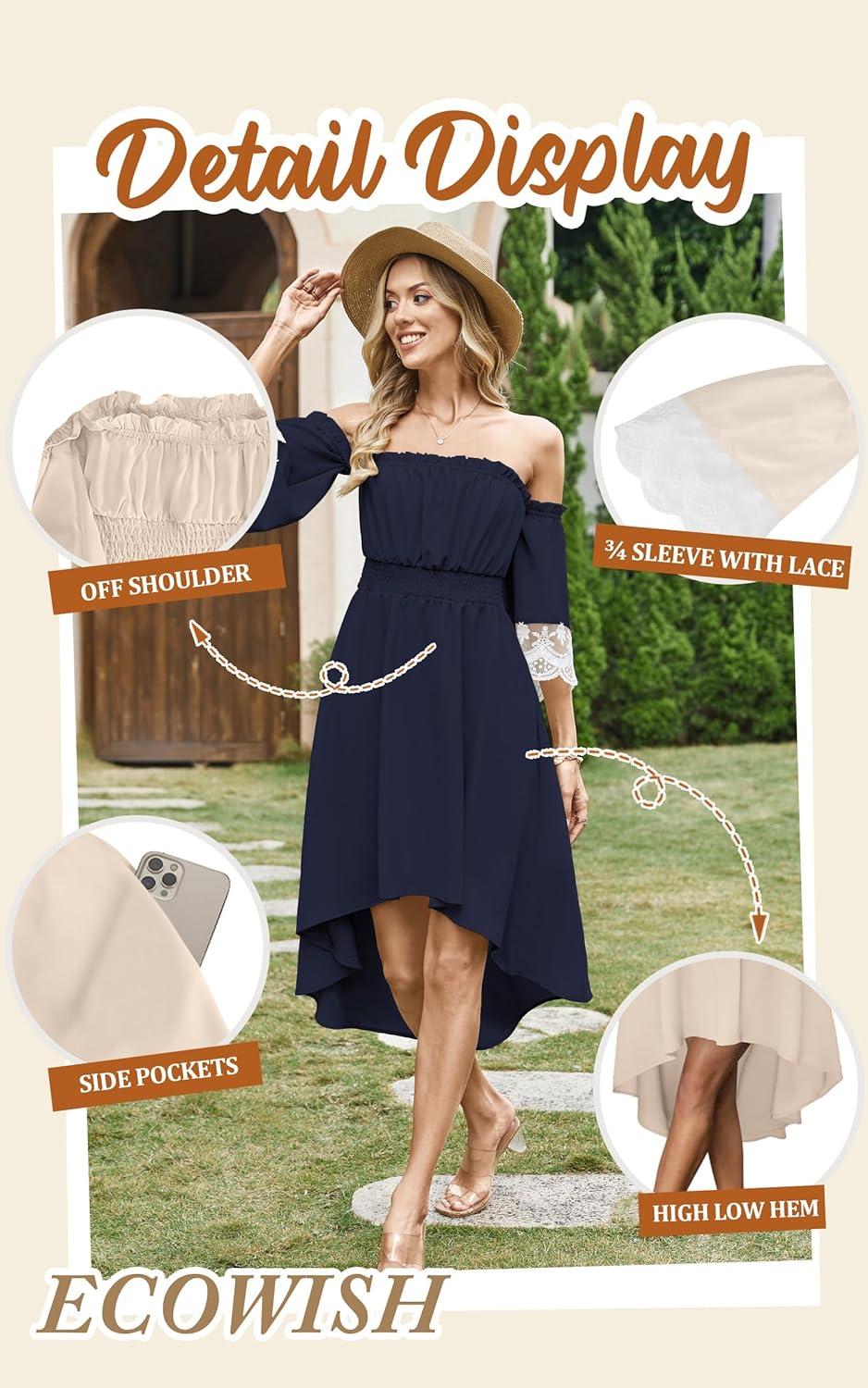 imageECOWISH Women Summer Off Shoulder Midi Cottagecore Dress Western Country Renaissance Peasant High Low Costume 34 Sleeve 2025Navy Blue