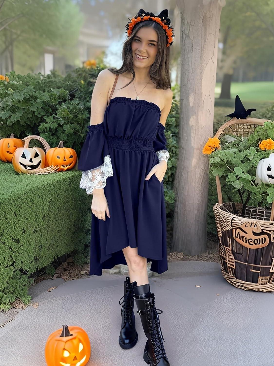imageECOWISH Women Summer Off Shoulder Midi Cottagecore Dress Western Country Renaissance Peasant High Low Costume 34 Sleeve 2025Navy Blue