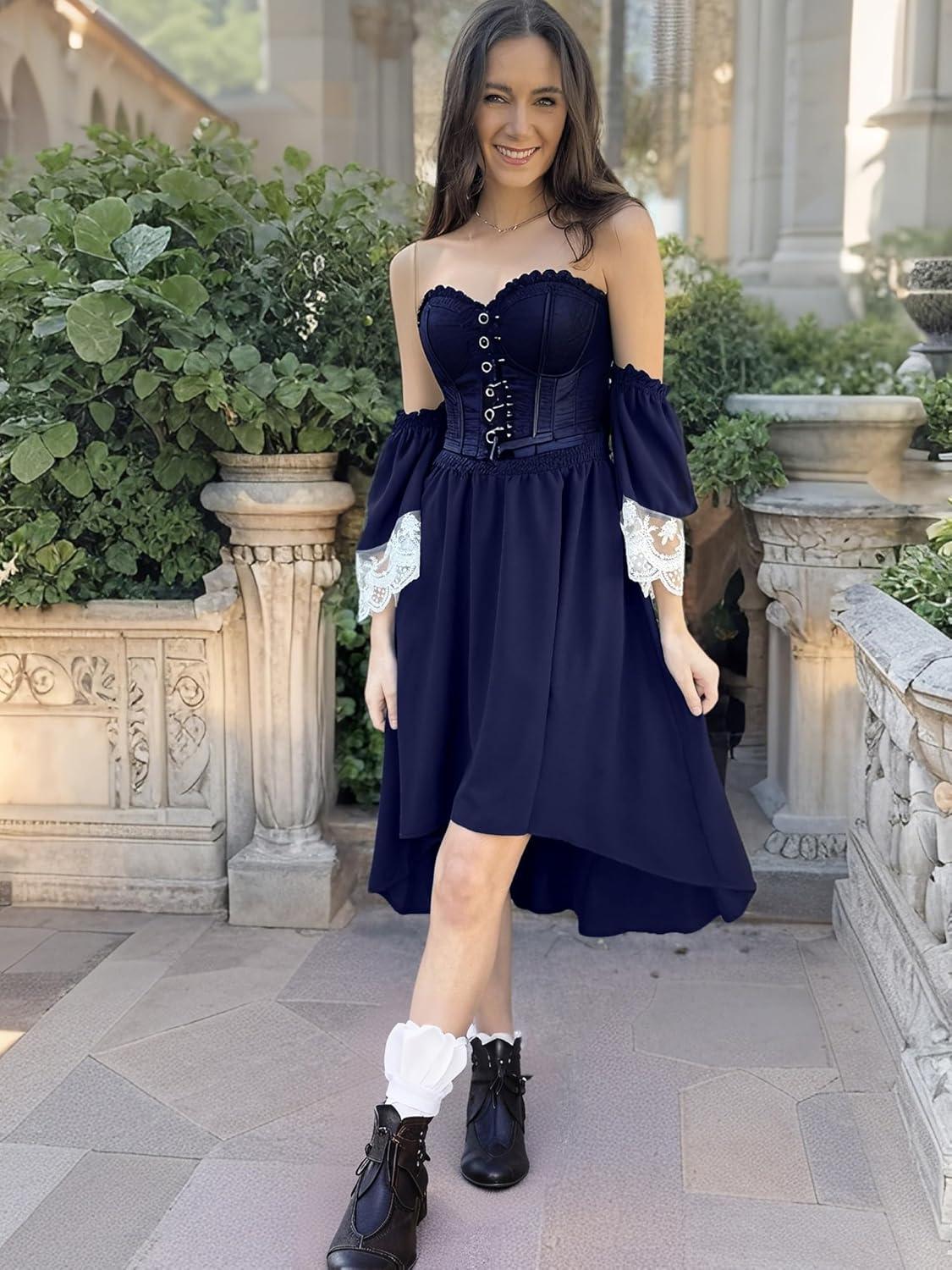 imageECOWISH Women Summer Off Shoulder Midi Cottagecore Dress Western Country Renaissance Peasant High Low Costume 34 Sleeve 2025Navy Blue