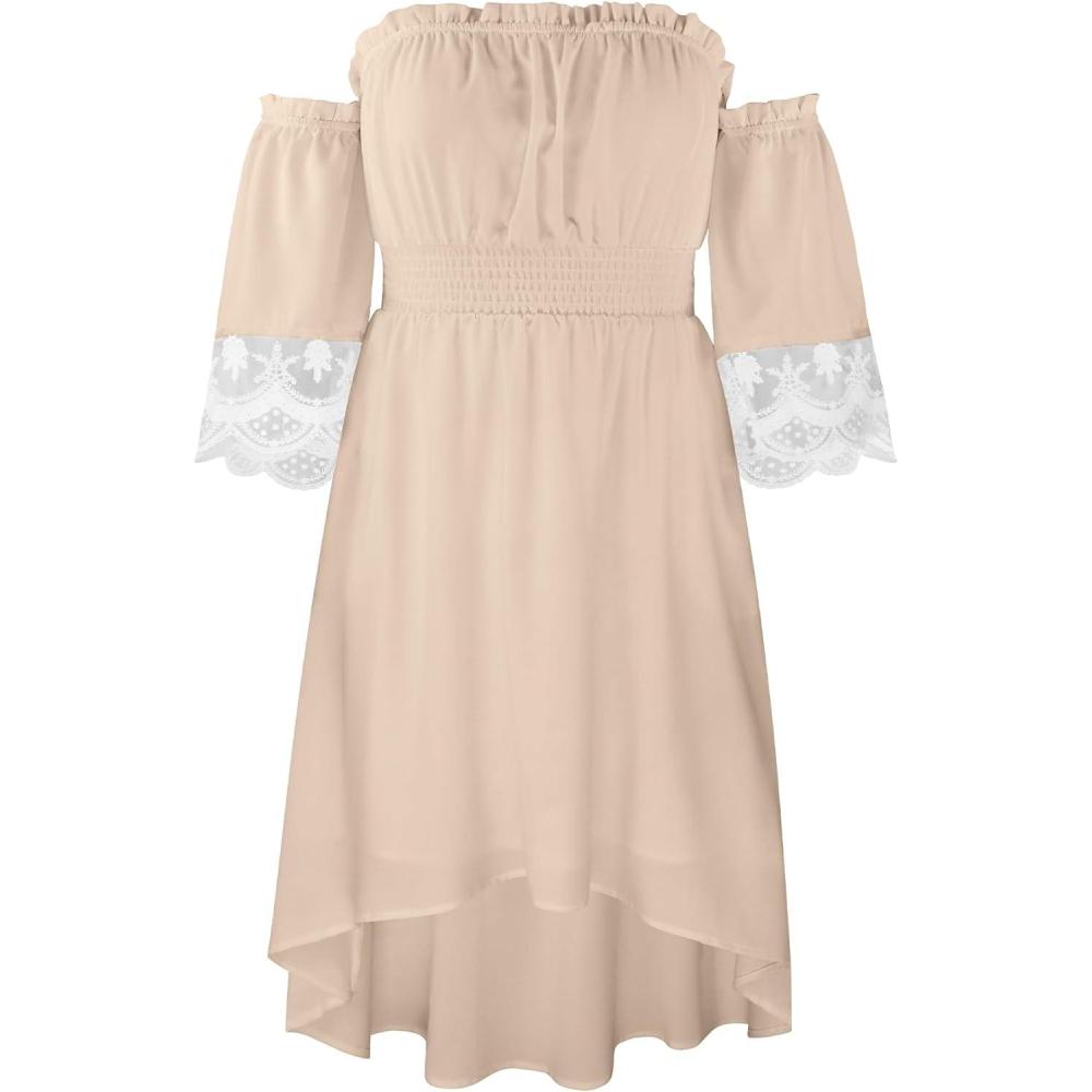 imageECOWISH Women Summer Off Shoulder Midi Cottagecore Dress Western Country Renaissance Peasant High Low Costume 34 Sleeve 2025Beige