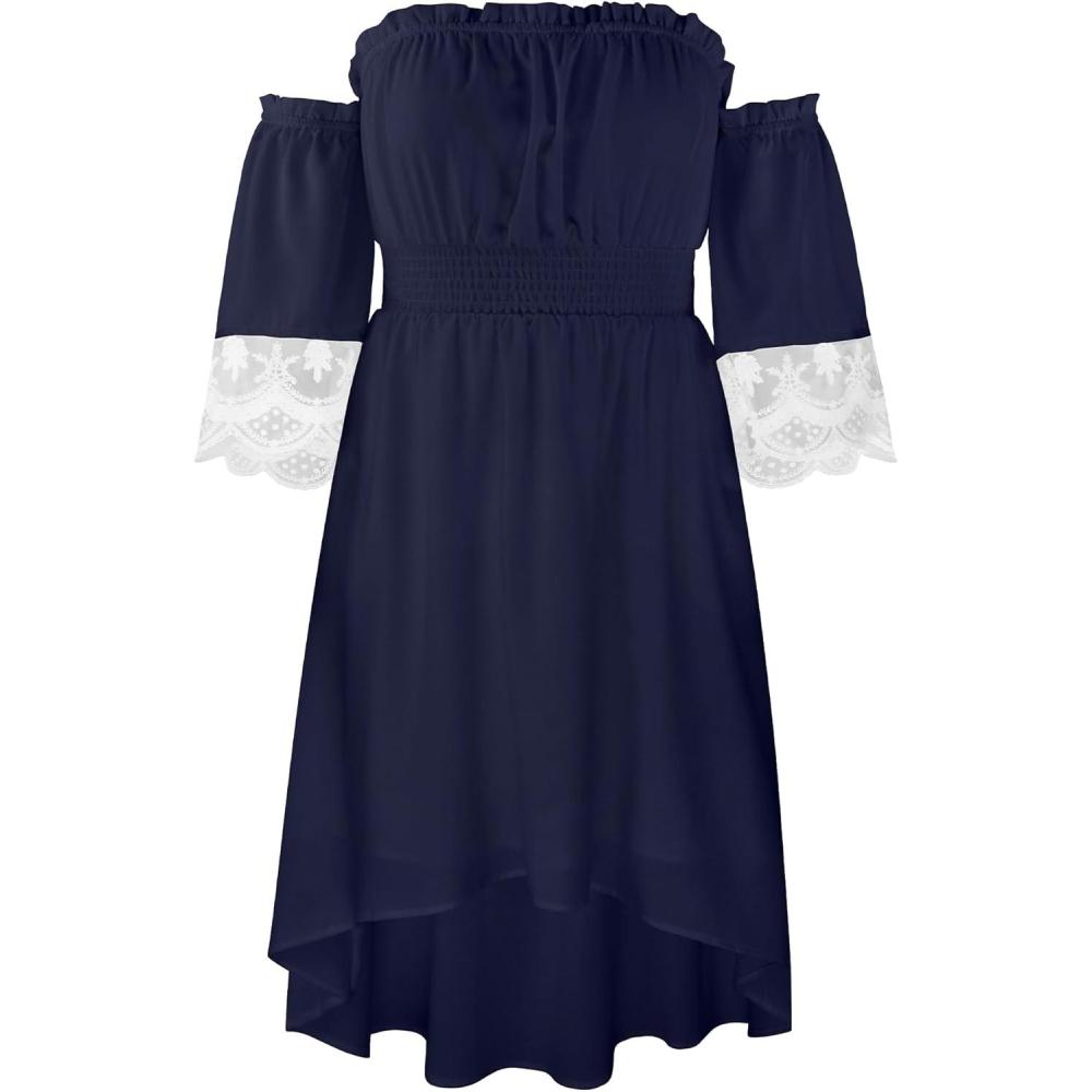 imageECOWISH Women Summer Off Shoulder Midi Cottagecore Dress Western Country Renaissance Peasant High Low Costume 34 Sleeve 2025Navy Blue