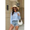 imageECOWISH Womens Button Up Shirt  Peter Pan Collar Frilled Short Sleeve Summer Tops Casual Cotton Retro Floral Blouse3461 White Blue