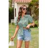 imageECOWISH Womens Button Up Shirt  Peter Pan Collar Frilled Short Sleeve Summer Tops Casual Cotton Retro Floral BlouseGreen
