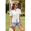 imageECOWISH Womens Button Up Shirt  Peter Pan Collar Frilled Short Sleeve Summer Tops Casual Cotton Retro Floral BlouseWhite Green