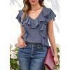 imageECOWISH Womens Floral Blouses 2025 Summer Ruffle Short Sleeve V Neck Shirts Casual Business Work Boho TopsGrey Blue