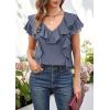 imageECOWISH Womens Floral Blouses 2025 Summer Ruffle Short Sleeve V Neck Shirts Casual Business Work Boho TopsGrey Blue