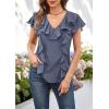 imageECOWISH Womens Floral Blouses 2025 Summer Ruffle Short Sleeve V Neck Shirts Casual Business Work Boho TopsGrey Blue