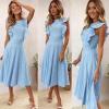 imageECOWISH Womens Summer Dresses 2025 Elegant Lady Wedding Guest Cocktail Ruffle Cap Sleeves ALine Office Midi DressBlue