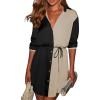 imageECOWISH Womens Button Shirt Dress with Pockets Fall Summer Short Mini Dresses Long Sleeve 34 Sleeve Long Tunics Blouse Belt19black Beige